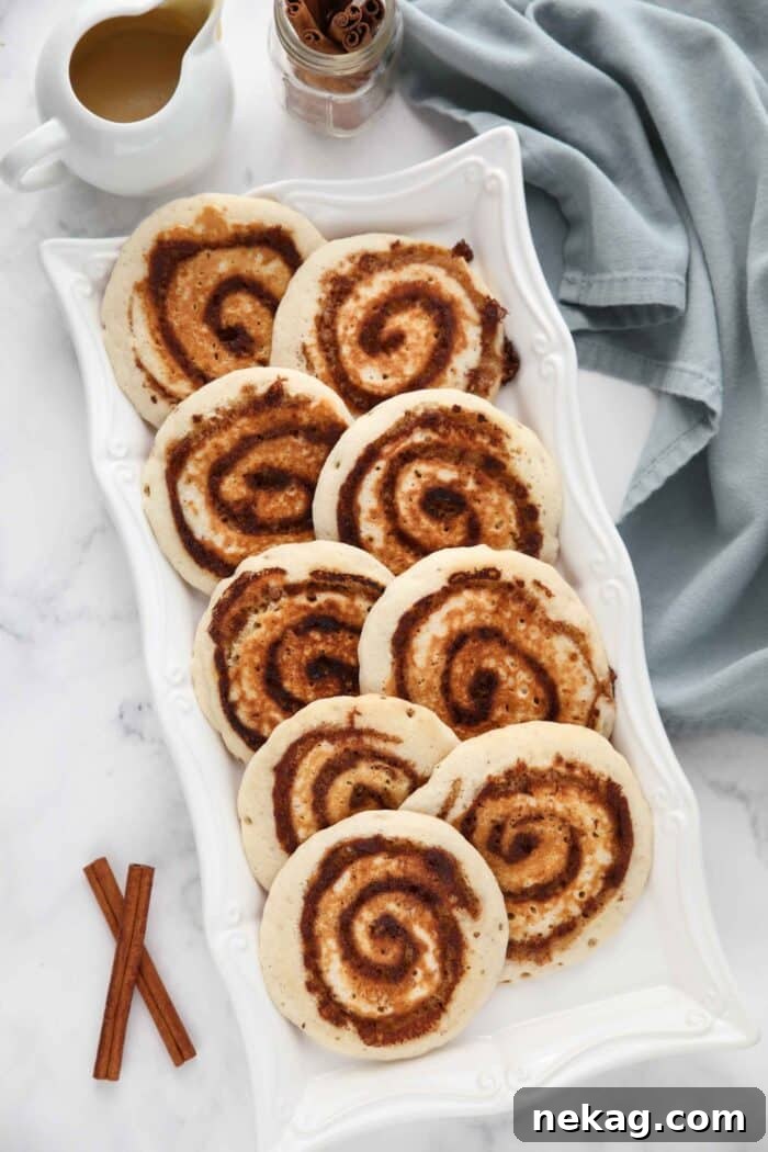 Swirled Cinnamon Pancake Stacks 3 Platter of pancakes with a cinnamon swirl.