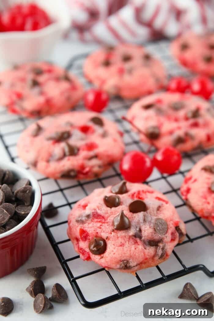 Side view of chocolate chip cherry cookies on a cooling rack.