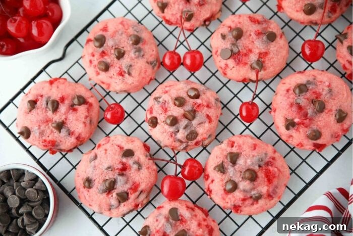 Close up top view of cherry chocolate chip cookies on a wire cooling rack with maraschino cherries on the side.