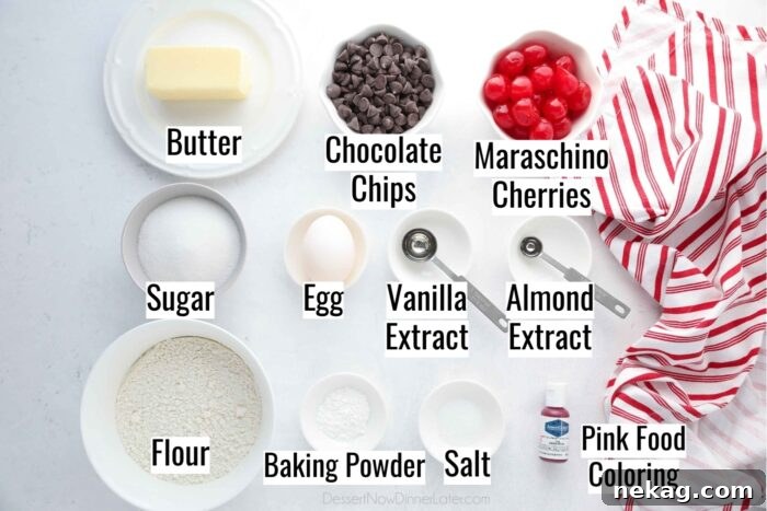Cherry Chocolate Chip Cookies Ingredients: Butter, sugar, egg, vanilla, almond extract, pink food coloring, flour, baking powder, salt, chocolate chips, and maraschino cherries.