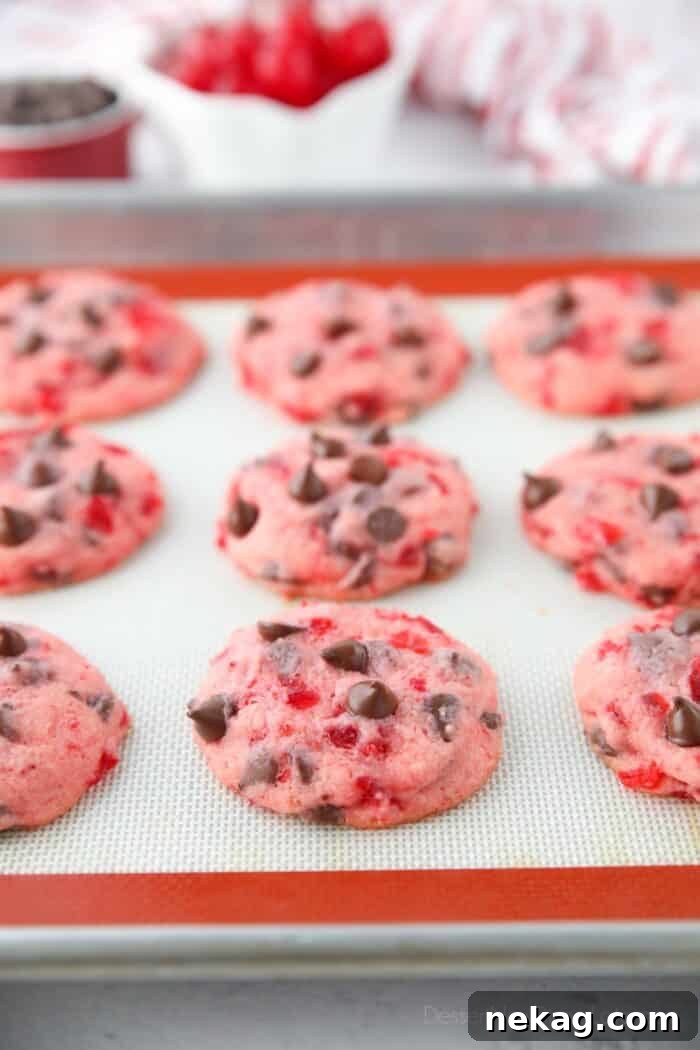 Cherry Chocolate Chip Cookies on a cookie sheet.