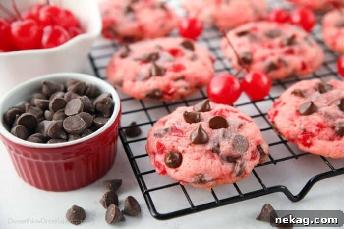 Side view of chocolate chip cherry cookies on a cooling rack.