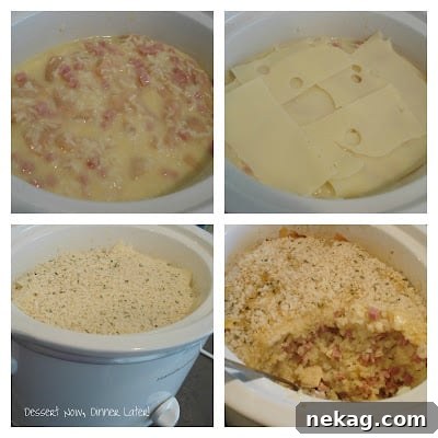 Close-up of creamy Chicken Cordon Bleu Casserole with ham and swiss cheese