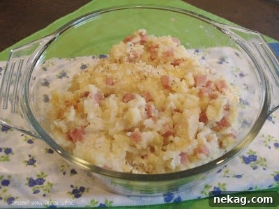 Overhead view of slow cooker Chicken Cordon Bleu Casserole with breadcrumb topping