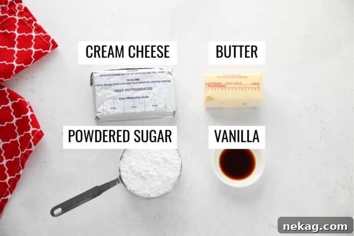 Mastering the Red Velvet Cake Roll 11 Ingredients for classic cream cheese filling: cold brick cream cheese, room temperature butter, powdered sugar, and vanilla extract.