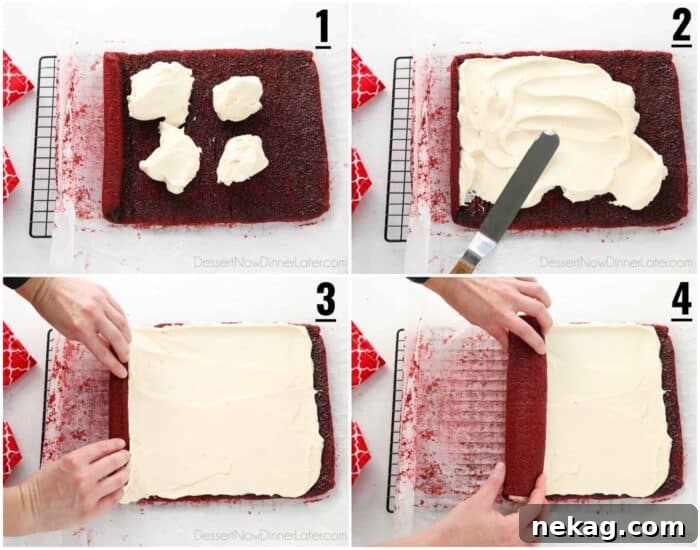 Mastering the Red Velvet Cake Roll 12 Collage showing the process of spreading cream cheese frosting over the unrolled red velvet cake and then carefully re-rolling it into a log.