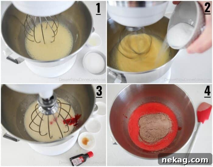 Mastering the Red Velvet Cake Roll 8 Collage showing the steps to make red velvet cake batter: whisking eggs, adding sugar and oil, incorporating buttermilk and color, and finally mixing in dry ingredients.