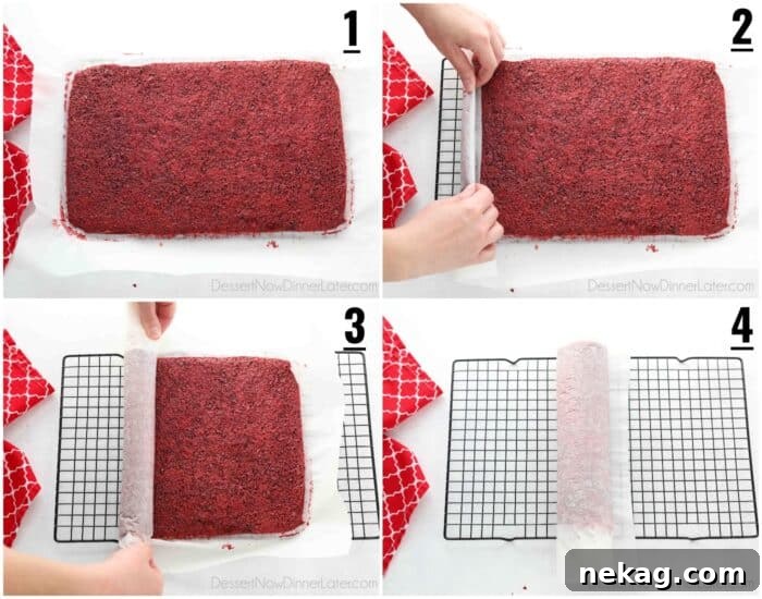 Mastering the Red Velvet Cake Roll 10 Collage demonstrating how to roll the baked red velvet sheet cake with parchment paper into a tight log for cooling, to help it retain its shape.