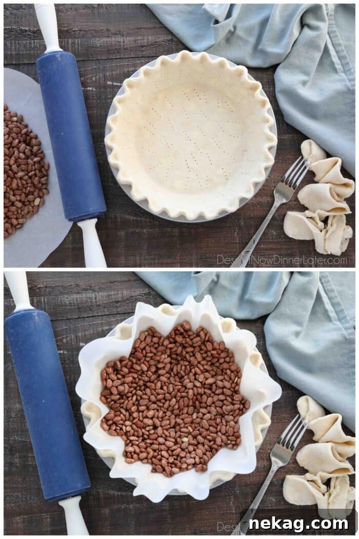 Decadent Chocolate Cream Pie 7 A collage showing two stages of pie crust preparation. Top image: A pie crust perfectly fitted into a pie dish, with elegantly crimped edges and numerous fork pricks on its surface. Bottom image: Parchment paper lining the inside of the pie crust, filled with dry beans for the blind baking process, ensuring a perfectly shaped crust.