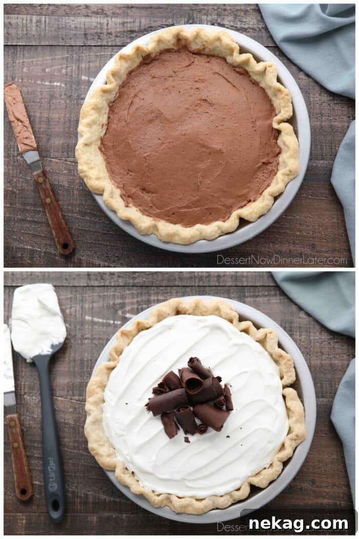 Decadent Chocolate Cream Pie 10 A two-part collage illustrating the assembly of Chocolate Cream Pie. Top image: A close-up of the baked pie crust filled with the smooth, rich chocolate cream filling. Bottom image: The pie is finished with a generous layer of sweetened whipped cream and adorned with delicate chocolate shavings, ready to be chilled.