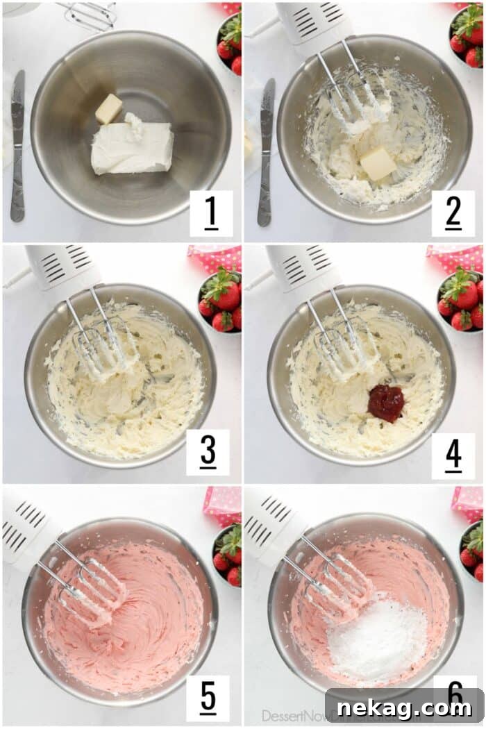 A visual step-by-step guide to making strawberry cream cheese frosting. Images depict adding cold cream cheese and butter, beating until smooth, incorporating jam and extract, mixing, and finally adding powdered sugar to combine.