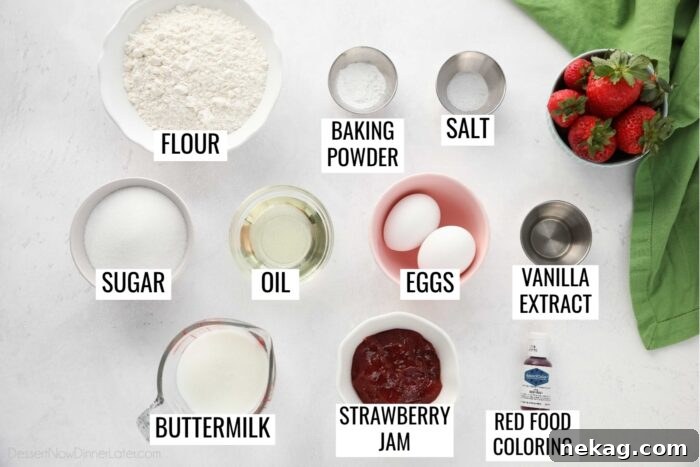 Strawberry Cupcakes Recipe Ingredients: flour, baking powder, salt, sugar, oil, eggs, vanilla extract, buttermilk, strawberry jam, and red food coloring.
