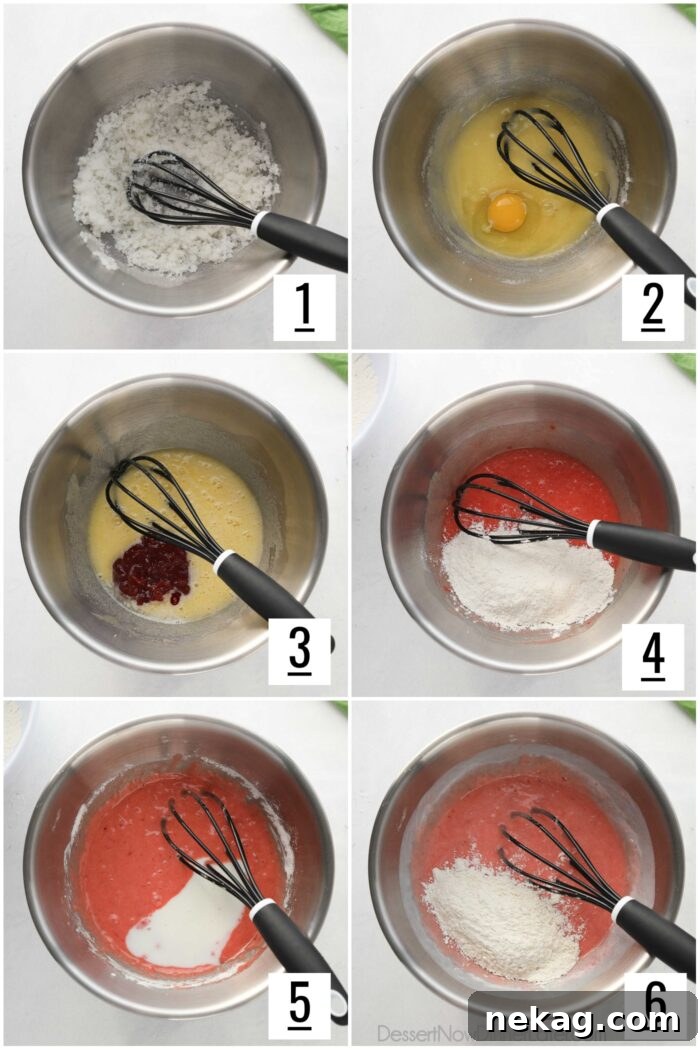 Strawberry Cupcakes Recipe Steps: 1- Whisk the oil and sugar. 2- Add eggs one at a time. 3- Add vanilla, jam and food coloring. 4- Add half the dry ingredients. 5- Add all of the buttermilk. 6- Add the remaining dry ingredients.