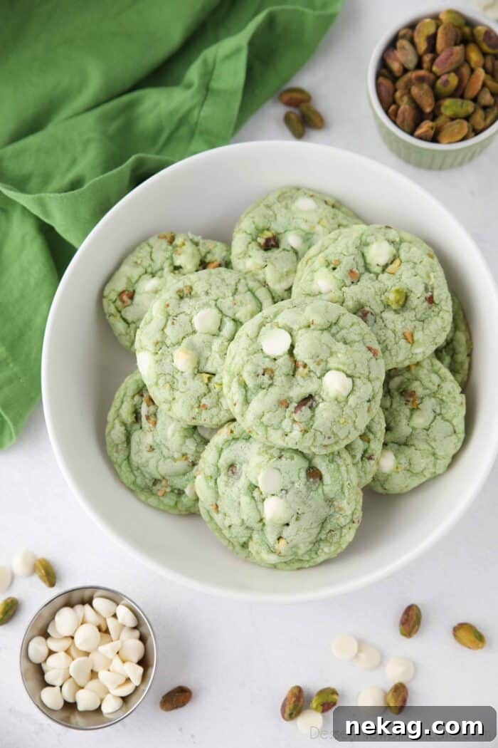Pudding-Infused Pistachio Delights 3 Plate full of green pistachio cookies with white chocolate chips and pistachio nuts, perfect for holiday gatherings.