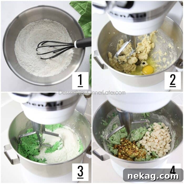 Pudding-Infused Pistachio Delights 6 Visual guide to making pistachio cookies: 1- Mixing dry ingredients (flour, pudding mix, baking soda, salt). 2- Creaming wet ingredients (butter, sugars, egg, vanilla, food coloring). 3- Combining dry and wet ingredients. 4- Gently folding in white chocolate chips and chopped pistachios.