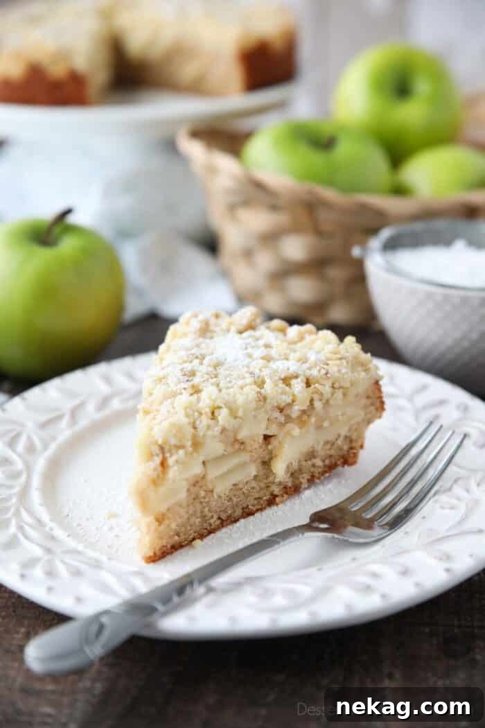 Emerald Isle Apple Cake 2 A beautiful slice of Irish Apple Cake on a white plate, showcasing its fluffy cake, apple layer, and golden streusel topping, ready to be enjoyed.