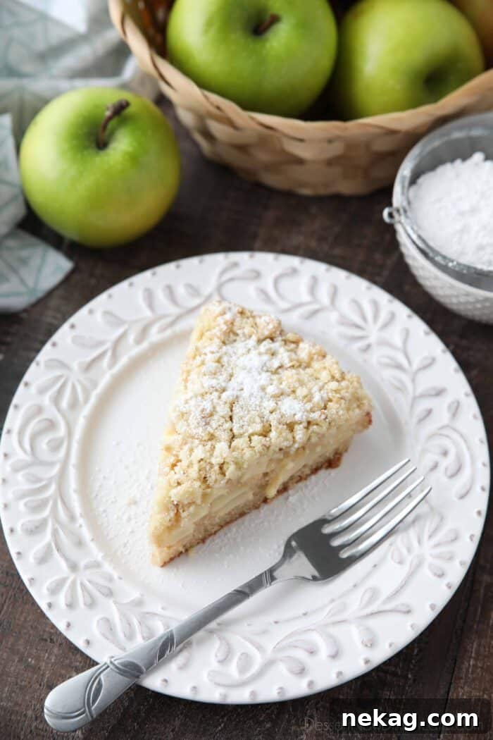 Emerald Isle Apple Cake 4 Close-up top view of a single slice of Irish Apple Cake on a plate, highlighting the crumbly streusel and the layers of apple and cake.