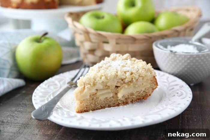 Emerald Isle Apple Cake 10 A beautiful side profile of a freshly baked Irish Apple Cake, highlighting the distinct layers of fluffy cake, tender apples, and the irresistible golden-brown streusel topping.