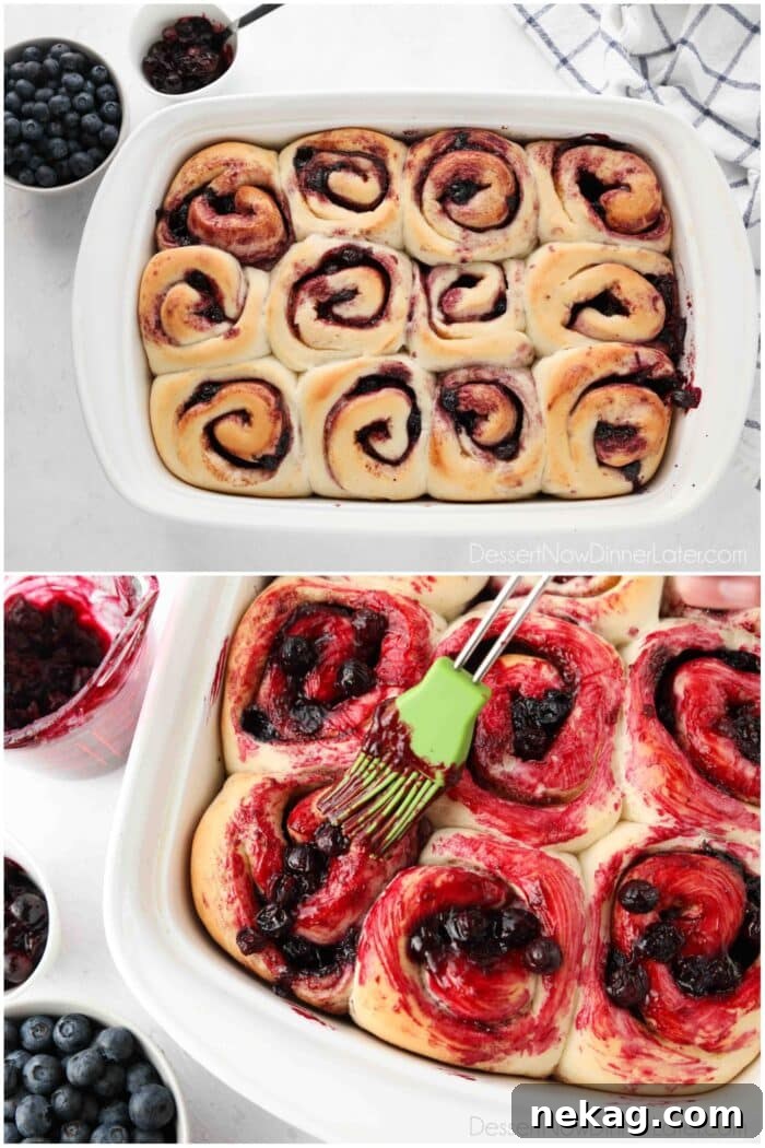 Gooey Blueberry Cinnamon Swirls 11 A two-image collage illustrating the baking and topping process. Top: Golden-brown, freshly baked blueberry cinnamon rolls in a baking pan. Bottom: A brush applying the warm blueberry sauce generously over the tops of the rolls.