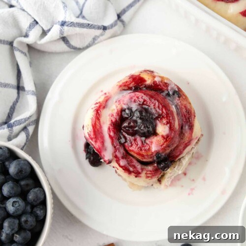 Top view of single blueberry cinnamon roll on a plate.