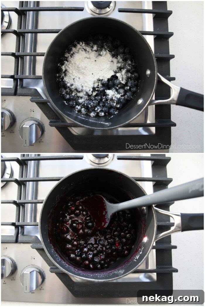 Gooey Blueberry Cinnamon Swirls 8 A two-part collage showing the process of making blueberry sauce. Top image: raw blueberries, sugar, corn starch, and lemon juice in a saucepan. Bottom image: the same ingredients cooked down into a thick, glossy, and vibrant blueberry sauce.