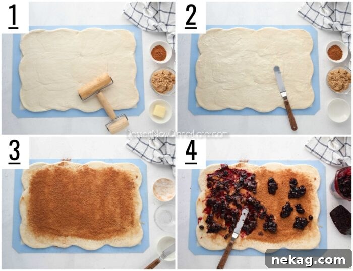 Gooey Blueberry Cinnamon Swirls 9 A four-panel collage illustrating the steps to fill blueberry cinnamon rolls. 1) Rhodes dough rolled into a rectangle. 2) Softened butter spread evenly. 3) Brown sugar and cinnamon sprinkled over butter. 4) Blueberry sauce dolloped and spread with a spatula.
