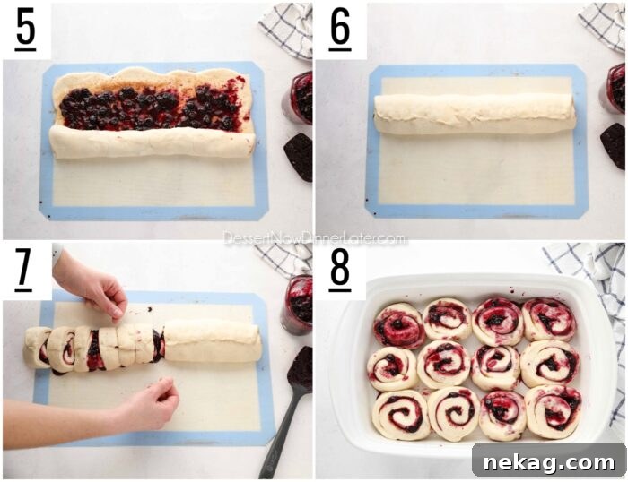 Gooey Blueberry Cinnamon Swirls 10 A four-panel collage illustrating the shaping and cutting of blueberry cinnamon rolls. 5) Dough being rolled into a tight log. 6) Dough seams being pinched closed. 7) Dental floss cutting a perfectly round slice. 8) Sliced rolls neatly arranged in a baking pan, ready to rise.