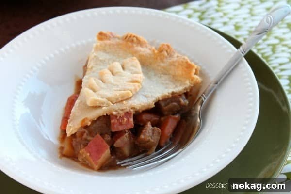 Close-up of beef and vegetables, ready for pot pie