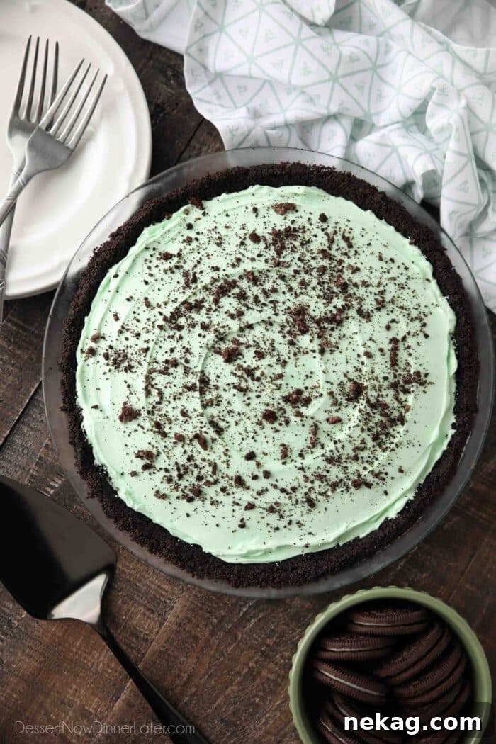 Top-down view of an entire grasshopper pie, garnished with crushed Oreo cookies on top.