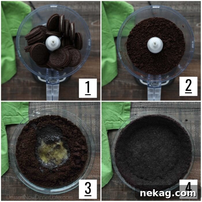 A four-panel image showing the steps for making an Oreo pie crust: 1) Oreos in a food processor, 2) Crushed Oreos, 3) Crushed Oreos and melted butter in a pie dish, 4) The finished Oreo crust pressed into the dish.