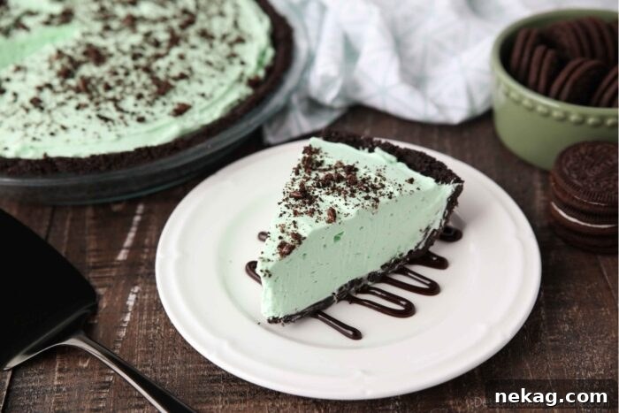 A side view of a slice of no-bake grasshopper pie on a plate with rich chocolate sauce drizzled around it.