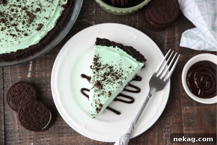 An overhead view of a slice of no-bake grasshopper pie, featuring the green mint filling and dark Oreo crust, on a plate with chocolate sauce.