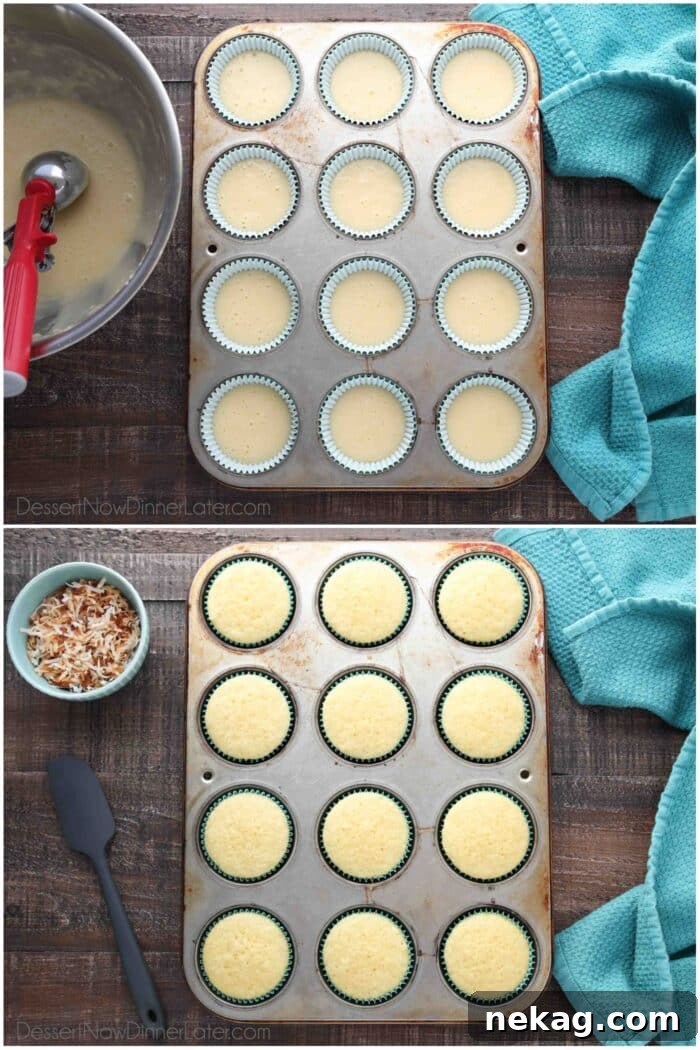 Two image collage. Top: Batter inside of a paper lined muffin tin. Bottom: Baked coconut cupcakes in pan.