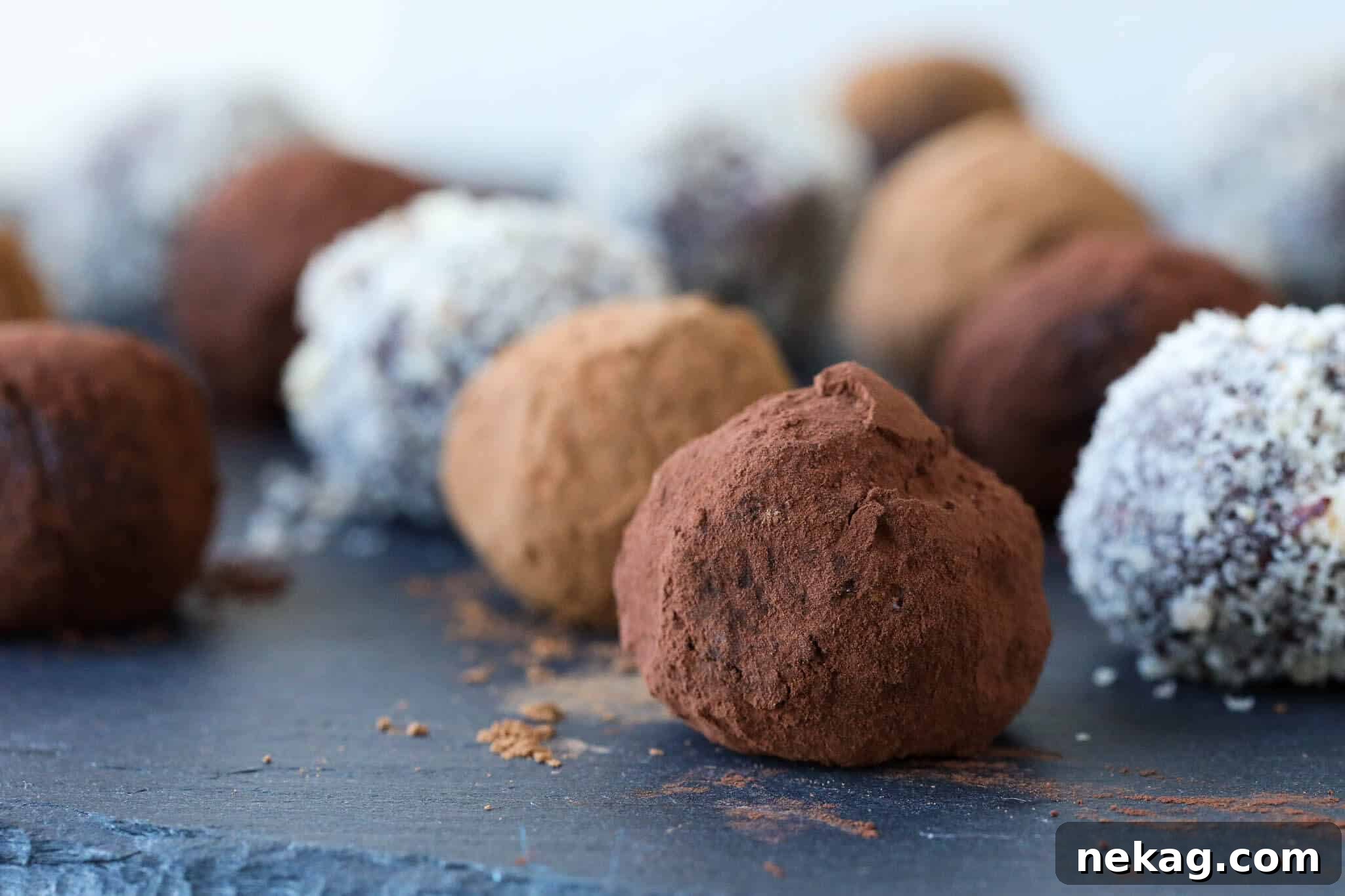Decadent Nutella Truffles 5 Exquisitely adorned hazelnut chocolate bonbons, coated and ready to be served.