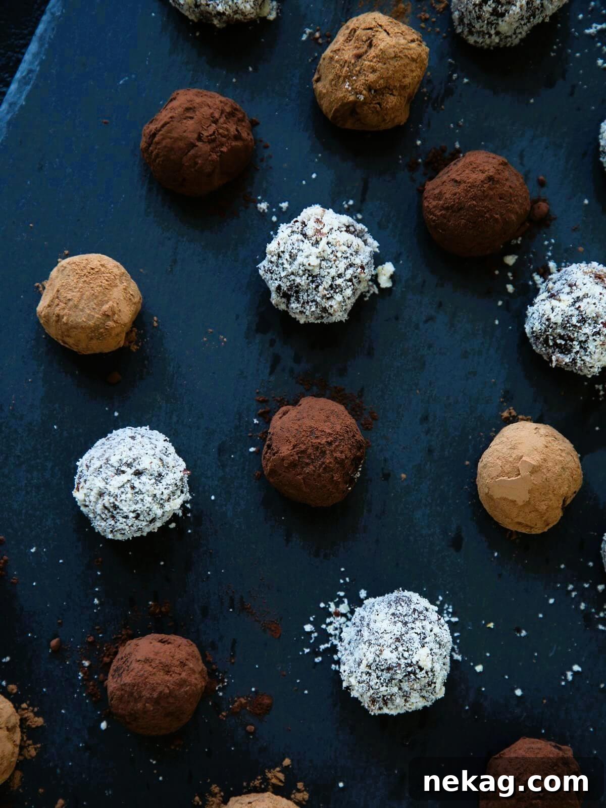 Decadent Nutella Truffles 6 Array of finished Nutella truffles elegantly arranged on a blue countertop, showcasing their homemade charm.