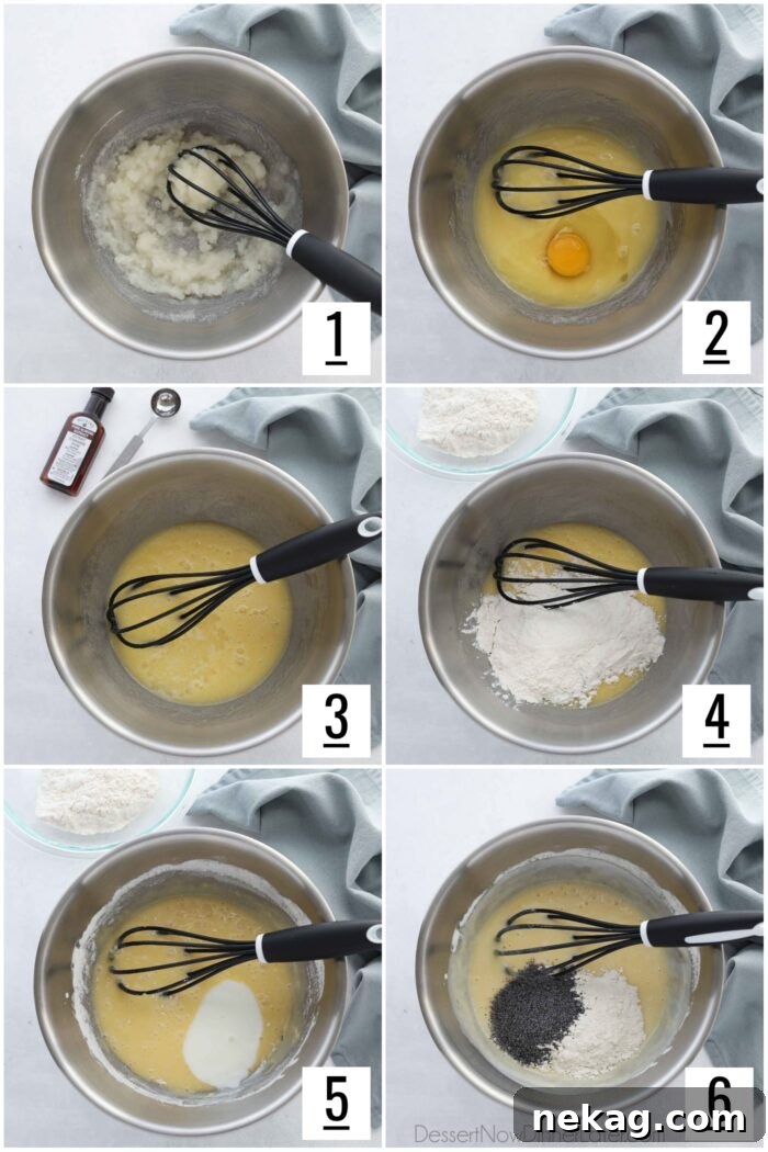 Golden Almond Poppy Seed Muffins 6 A visual guide showing six steps to prepare almond poppy seed muffin batter, from whisking oil and sugar to incorporating flour and poppy seeds.