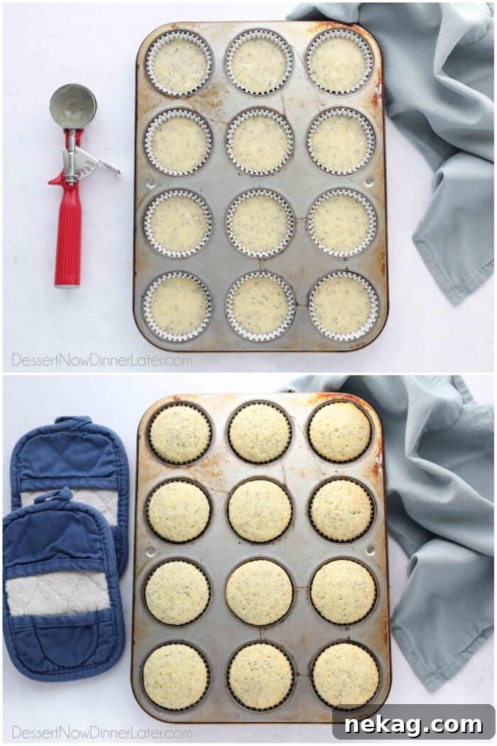 Golden Almond Poppy Seed Muffins 8 A two-image collage showing almond poppy seed muffins in a baking pan before and after baking, highlighting the rise and golden color.