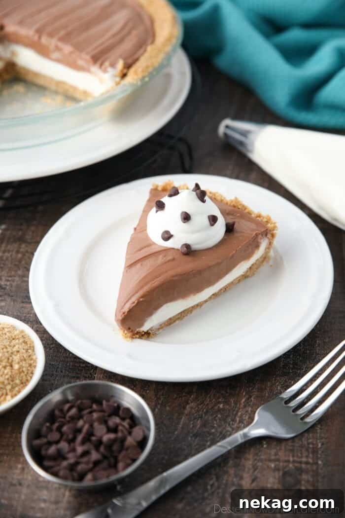 A perfectly sliced piece of Chocolate Cream Cheese Pie, adorned with a swirl of fresh whipped cream and a sprinkle of mini chocolate chips, ready to be enjoyed.