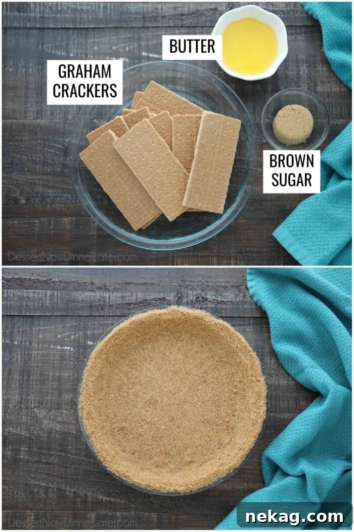 Clearly labeled ingredients for a homemade graham cracker crust: graham crackers, brown sugar, and melted butter, alongside a prepared crust nestled in a pie pan.