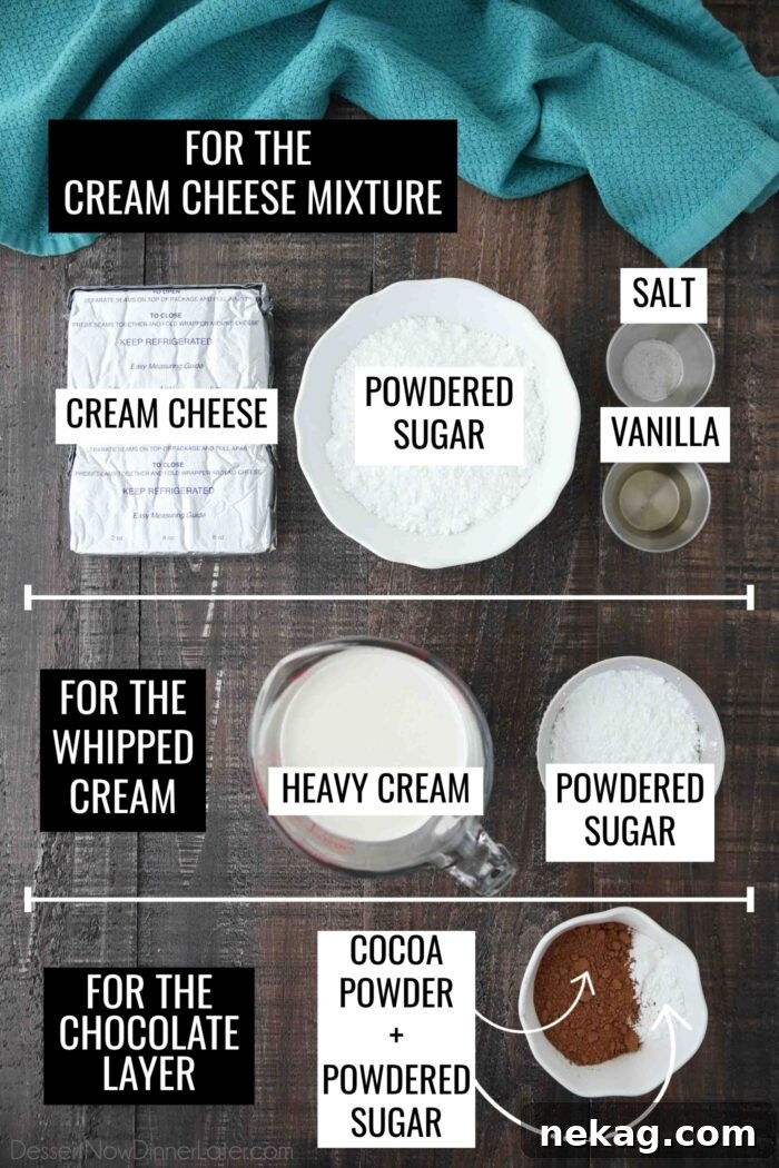 A collection of neatly labeled ingredients for the no-bake cream cheese filling, including cream cheese, powdered sugar, vanilla extract, heavy cream, salt, and cocoa powder.