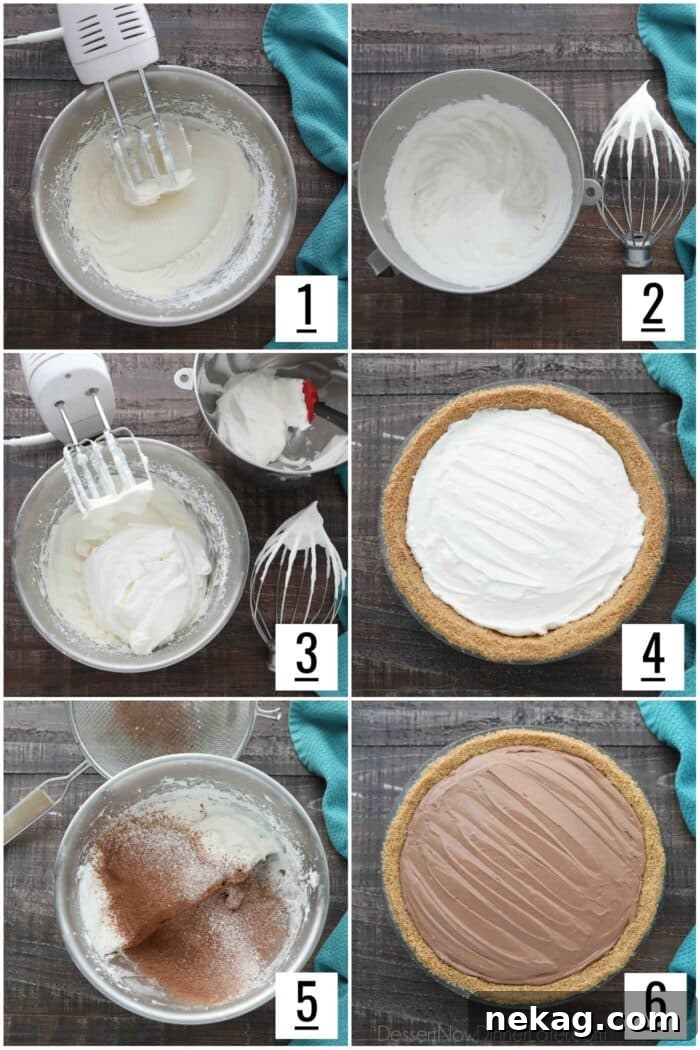 A six-image collage illustrating the key steps in making the Chocolate Cream Cheese Pie, from beating cream cheese to spreading the chocolate layer.