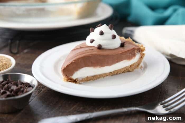 A stunning individual slice of no-bake chocolate and vanilla cheesecake on a pristine white plate, showcasing the elegant layers.