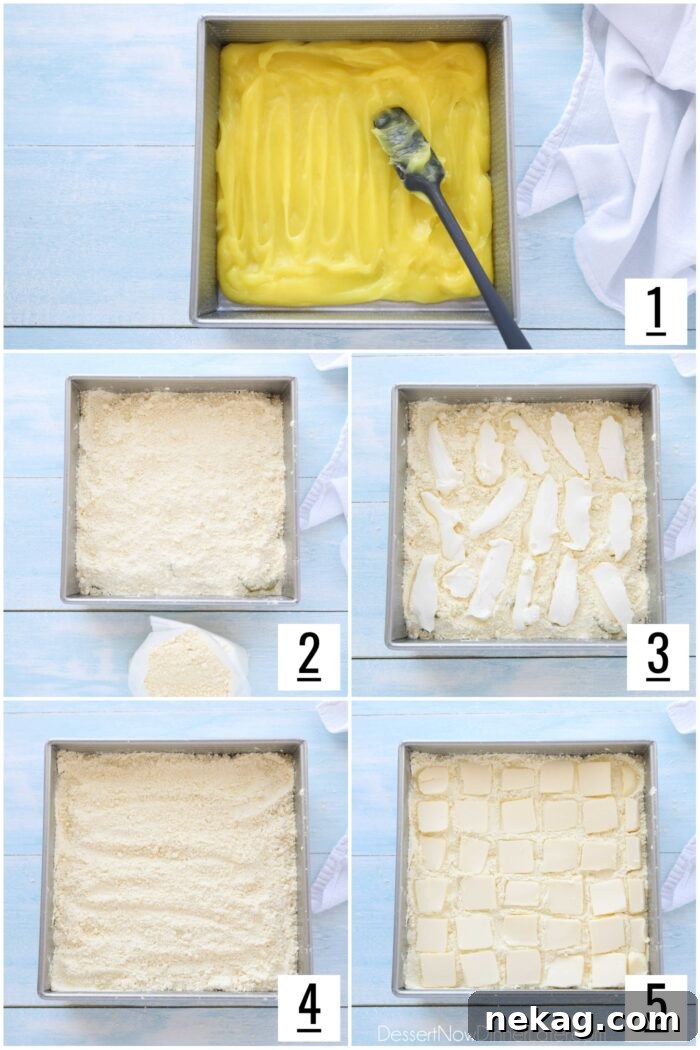 Effortless Lemon Sunshine Cake 6 A visual step-by-step guide to making lemon dump cake, showing each layer: lemon pie filling spread, half cake mix sprinkled, cream cheese pieces, remaining cake mix, and finally, thin butter slices on top.