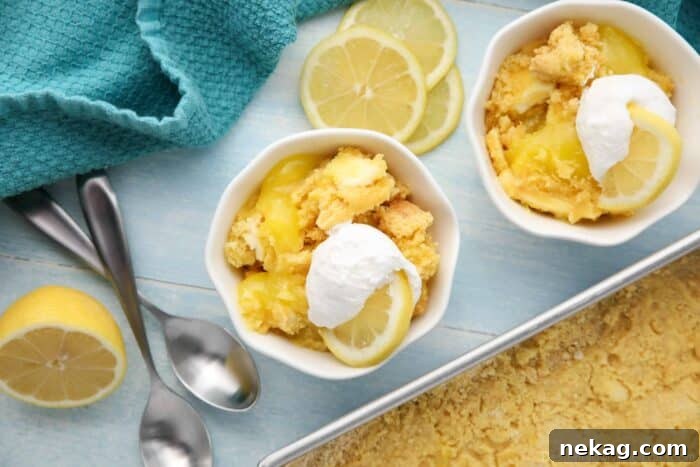 Effortless Lemon Sunshine Cake 7 An overhead shot showcasing two bowls filled with freshly baked Lemon Dump Cake, highlighting its comforting, homemade appeal and inviting texture. Ready to be served warm or cold.
