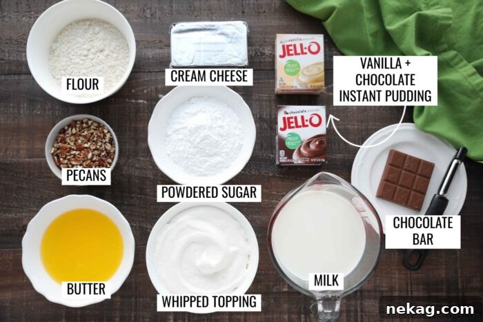 Labeled ingredients for Chocolate Delight dessert laid out on a surface.