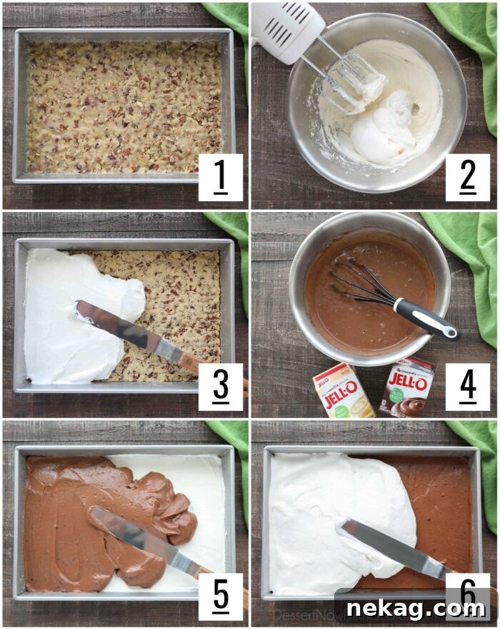A six-image collage illustrating the step-by-step process of making Chocolate Delight dessert.