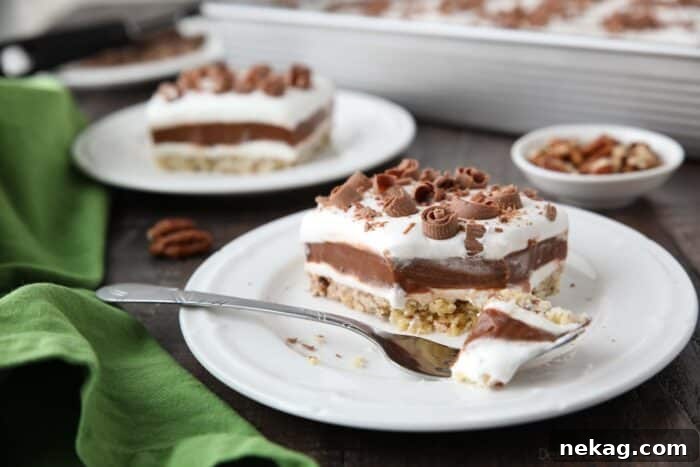 A plate of Chocolate Delight dessert with a fork, showing the layers.