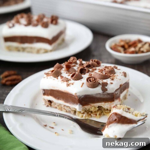 Plate of Chocolate Delight dessert with a fork full taken out.