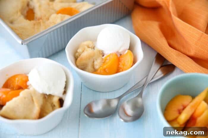 Effortless Peach Cobbler Perfection 11 Peach Cobbler with cake batter crust on top and a scoop of vanilla ice cream.