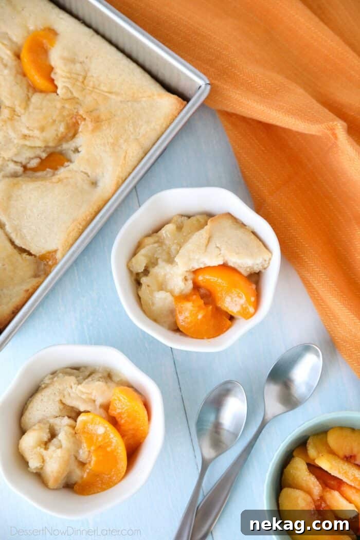 Effortless Peach Cobbler Perfection 5 Baked peach cobbler made with canned peaches.